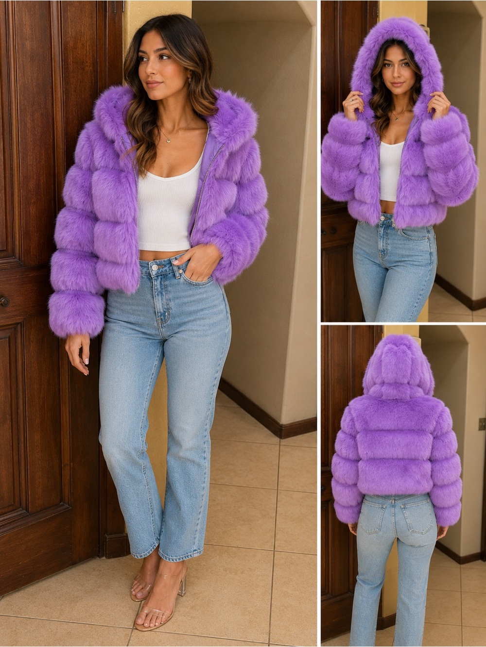 Lavender Faux Fur Hooded Puffer Jacket - Women Medium